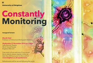 Graphic publicising inaugural lecture titled: Constantly monitoring, featuring colourful cells on a yellow background