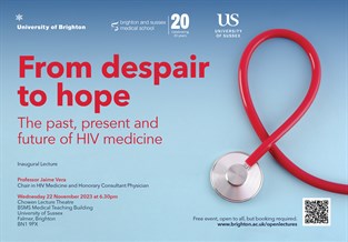 Graphic publicising inaugural lecture titled: From despair to hope The past, present and future of HIV medicine featuring a red stethoscope arranged in the shape of a red ribbon denoting AIDS awareness