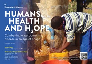 Graphic publicising inaugural lecture titled: HUMANS, HEALTH and H2OPE, Combatting waterborne disease in an age of phage, featuring two people using a rudimentary water pump