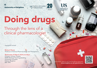 Graphic publicising inaugural lecture by Professor Michael Okorie titled Doing drugs - through the lens of a clinical pharmacologist featuring a photograph of a red first aid bag and various medication