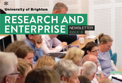 Cover of Research and Enterprise Newsletter issue 6 shows detail of a lecture theatre audience