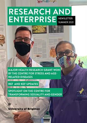 Cover image of issue 12 of Research and Enterprise newsletter: reads with title and leaders, Major health research grant for the Centre for Stress and Age related disease, REF and KEF update and Spotlight on the Centre for Transforming Sexuality and Gende