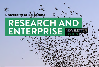 Research and Enterprise Newsletter title on image: Starlings in a flock over the sea: Murmuration of Starlings by Christopher Stevens