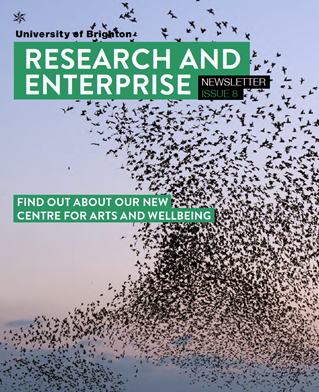 Research and Enterprise Newsletter title on image: Starlings in a flock over the sea: Murmuration of Starlings by Christopher Stevens