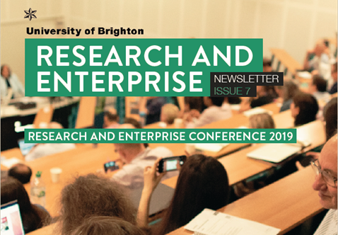 Cover of Research and Enterprise newsletter Summer 2019 shows details of an audience and presenter in a lecture theatre
