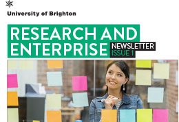 Cover of research magazine, a young researcher looks through a window of post-it notes. Title University of Brighton Research and Enterprise Newsletter Issue 1