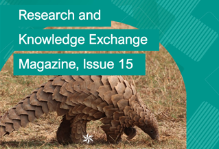 Magazine cover reads Research and Knowledge Exchange Magazine Issue 15 with picture of a pangolin.