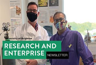 Small thumbnail showing Mark Yeoman and Bhavik Patel in lab coats and masks in laboratory setting. Text reads Research and Enterprise Newsletter.