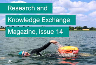 Image of open water swimmer in wetsuit and with float. Title reads Research and Knowledge Exchange Magazine Issue 14
