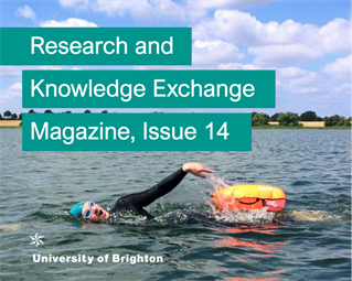 Image of open water swimmer in wetsuit and with float. Title reads Research and Knowledge Exchange Magazine Issue 14