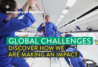 Youtube Thumbnail with zero gravity researchers in capsule reads Global Challenges Discover how we are making an impact