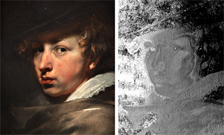 A Flemish portrait of a man in hat and ruff alongside a 3D image layering scan of the same painting rendered in shades of silver grey.