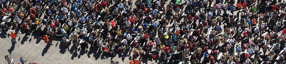 Aerial view of crowd gathered either side of a roadway. Courtesy of Hans Braxmeier and Pixabay.