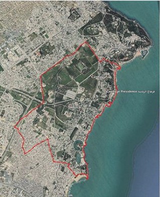 A photograph of a wall mounted research poster showing an arial view of Carthage and surrounding area