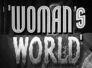 Film still title of in-progress experimental film Woman's World by Graham Rawle. Black and white capture shows words Woman's World repurposed from two different films with contrasting fonts.
