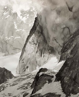 Drawing by Emma Stibbon mountainous valley with snow on rocks and low cloud.