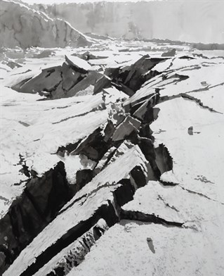 Drawing of vast earth crack and mountains in background. Emma Stibbon, Uncertain Ground