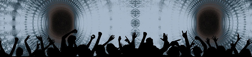Black and white image of a rave party with digital backgrounds
