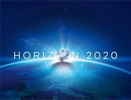 Picture of the earth with curved horizon and light rising about it with HORIZON 2020 above.