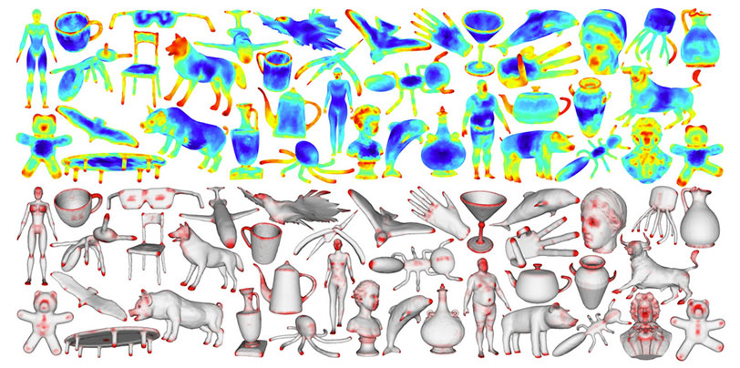 A collage of images of people, animals, fish, and objects such as chairs in heat responsive colours depicting mesh saliency
