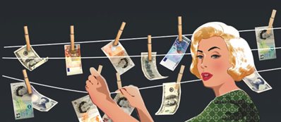 Graphic image of a woman hanging money on a washing line