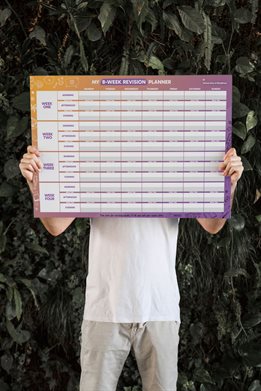 A person holds a large revision wall-planner up in front of their face