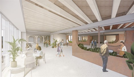 Visualisation of a open-plan interior space with seating areas, indoor planting and curved walls