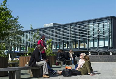 Students enjoying the sunshine sitting on the grass on the Falmer campus