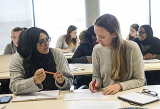 Two students discussing ideas