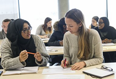 Two students having a discussion over papers