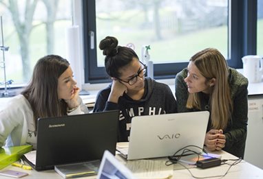 Students group working with their laptops round a table