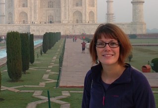 student outside the Taj Mahal