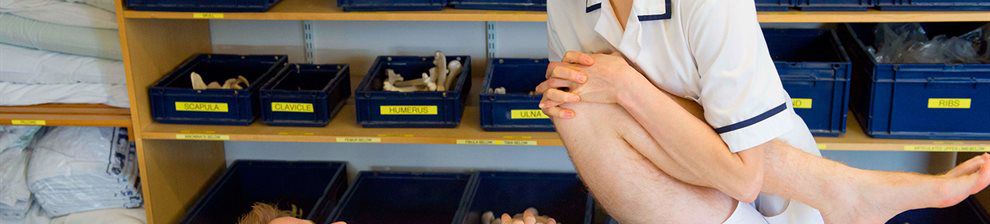 Physiotherapy being performed on a knee and lower limb.