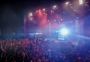 Crowd at a rock concert with the act on stage in front of them