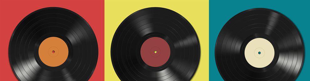 Three blank vinyl records in three blocks of colour: red, yellow and blue