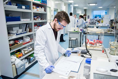 Student working in the lab studying paperwork