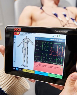 Researcher examining data on body scan 