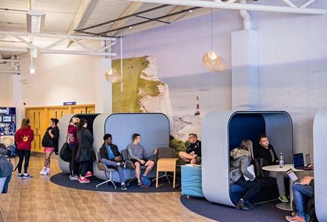 students in the informal learning space at Eastbourne campus
