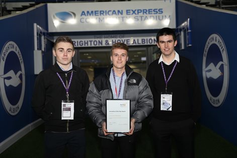 Apprentices at Amex stadium: Lewis Tizard, Harry Williams, Matthew Cooper
