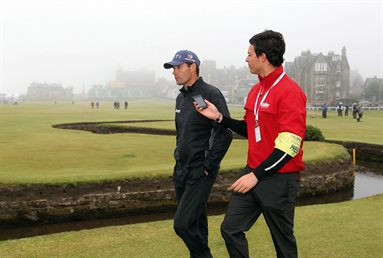 Joel Tadman interviews Ryder Cup captain Padraig Harrington by a gold course