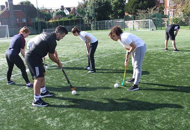 Hockey practice on a field