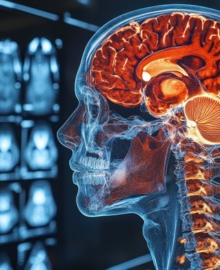 Digital illustration of brain and brain scan screen imagery