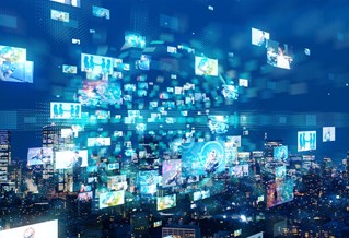 Graphic illustrating media with skyscraper cityscape and multiple screens.