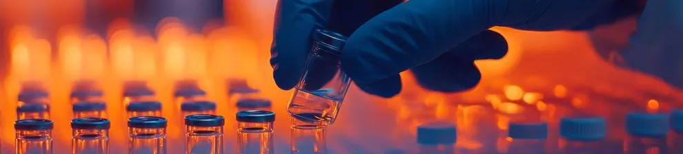 A pharmaceutical scientists' gloved hand hovers over a set of sample vials. Alina Tymofieieva
