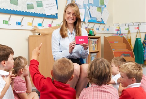 Primary teacher leading an activity with young children in the classroom.