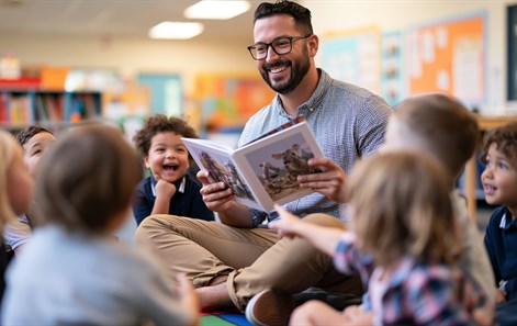 Male teacher reading a story to young children during a classroom session.