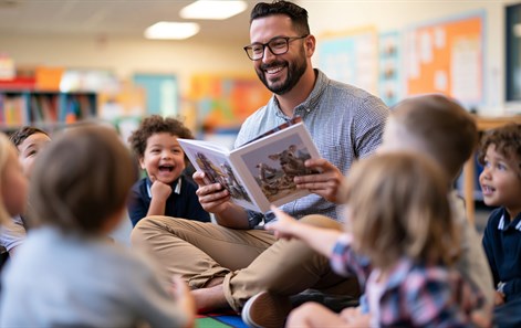 Male teacher reading a story to young children during a classroom session.