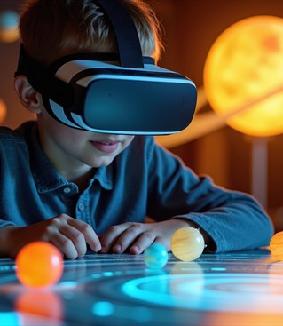 School-age child with virtual reality headset surrounded with solar system models
