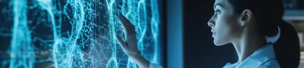 Female scientist examines large screen of biomolecular microscope imaging.