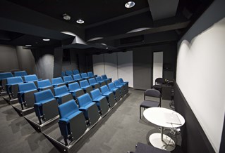 Seats facing a screen like a small cinema